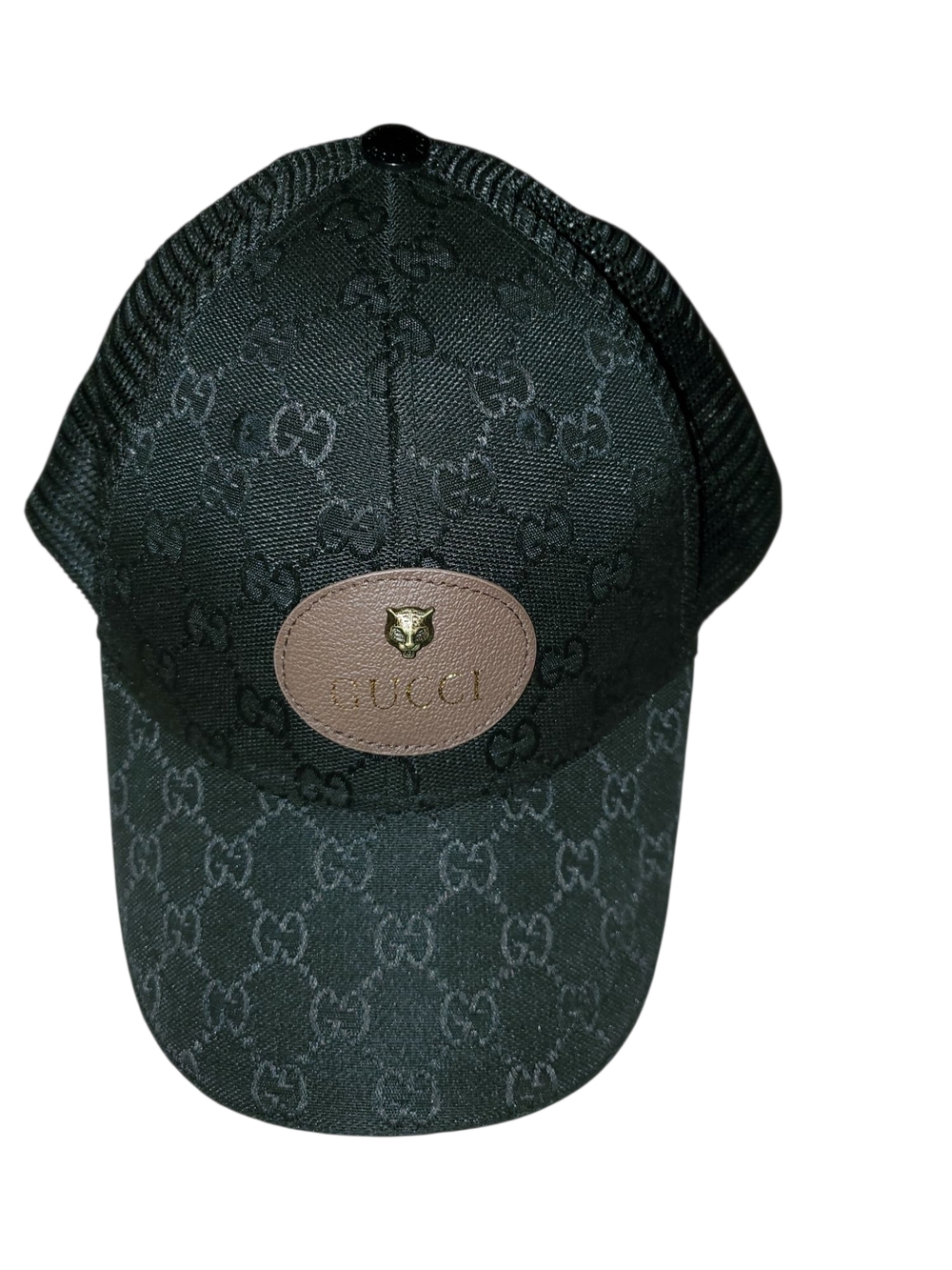 Gucci Black Monogram Mesh Baseball Cap with Brown Leather Patch